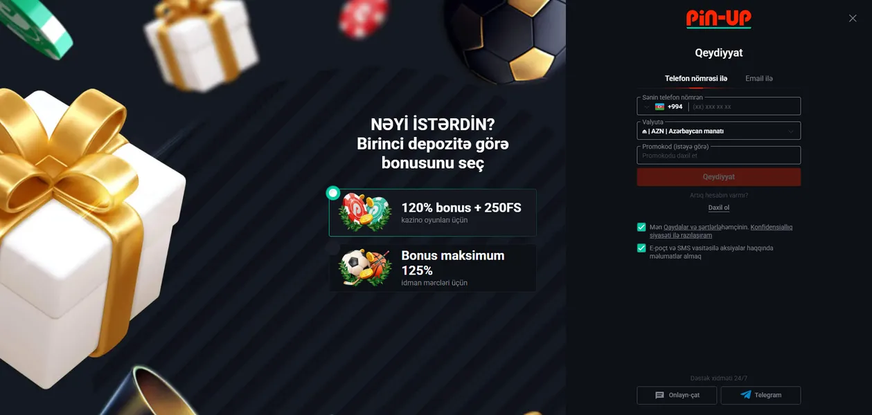 İlk hesab artımına görə PinUp qeydiyyat bonusu